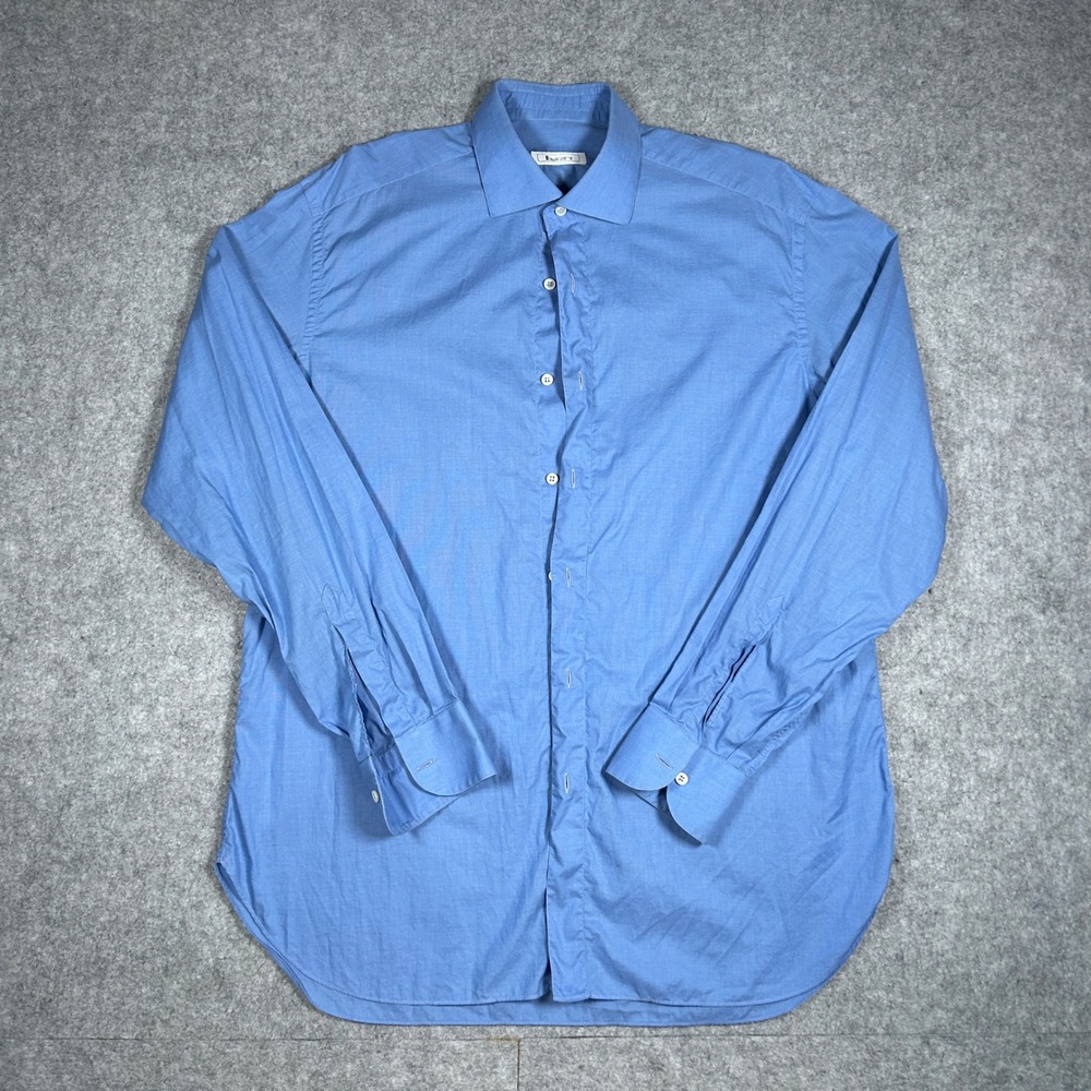 Brioni Button Down Shirt Men large 40(15.75) Blue Solid Cotton Luxury Italy made
